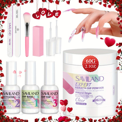 Dip Powder Nail Kit with SAVILAND Label, 60g Clear Powder, Three 15ml Liquids, Files, Buffer and Brush