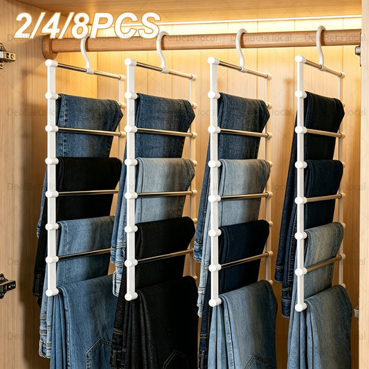 Pants Hangers Foldable Multi-Layer Stainless Steel | Non-Slip Space Saving Closet Organizer for Jeans Leggings Scarves Trousers | 4 or 8 Pack Clothes Rack Hanger