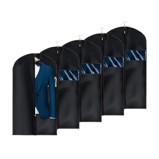 Garment Bags with Zipper Closure & Dust Protection for Suits Dresses Shirts – Set of 5 Reusable Black Cover Bags