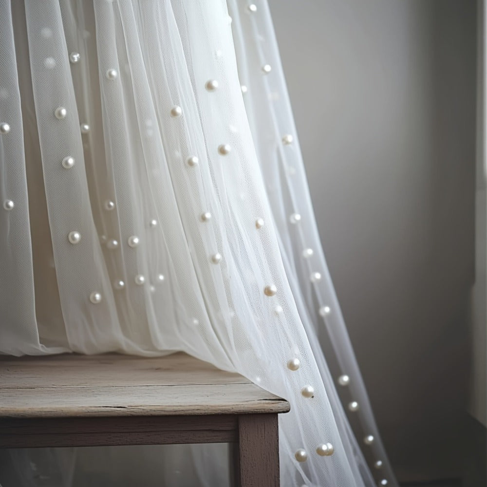 White Pearl-Embellished Sheer Tulle Fabric Roll in 160 x 300 cm Size for Backdrops and Table Decor