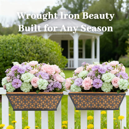 Two-Set Dark Window Box Planter Pair with Pictured Coco-Look Liners and Adjustable Railing Brackets