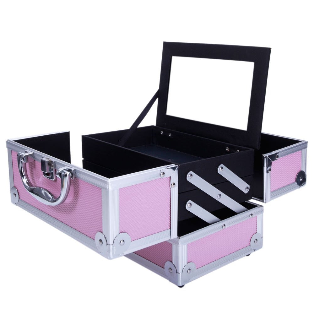 Tabletop Makeup Carry Case with Mirror, Fold-Out Trays and Dividers in Black, Silver or Pink