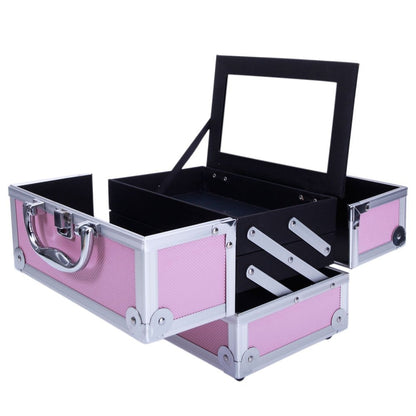 Tabletop Makeup Carry Case with Mirror, Fold-Out Trays and Dividers in Black, Silver or Pink