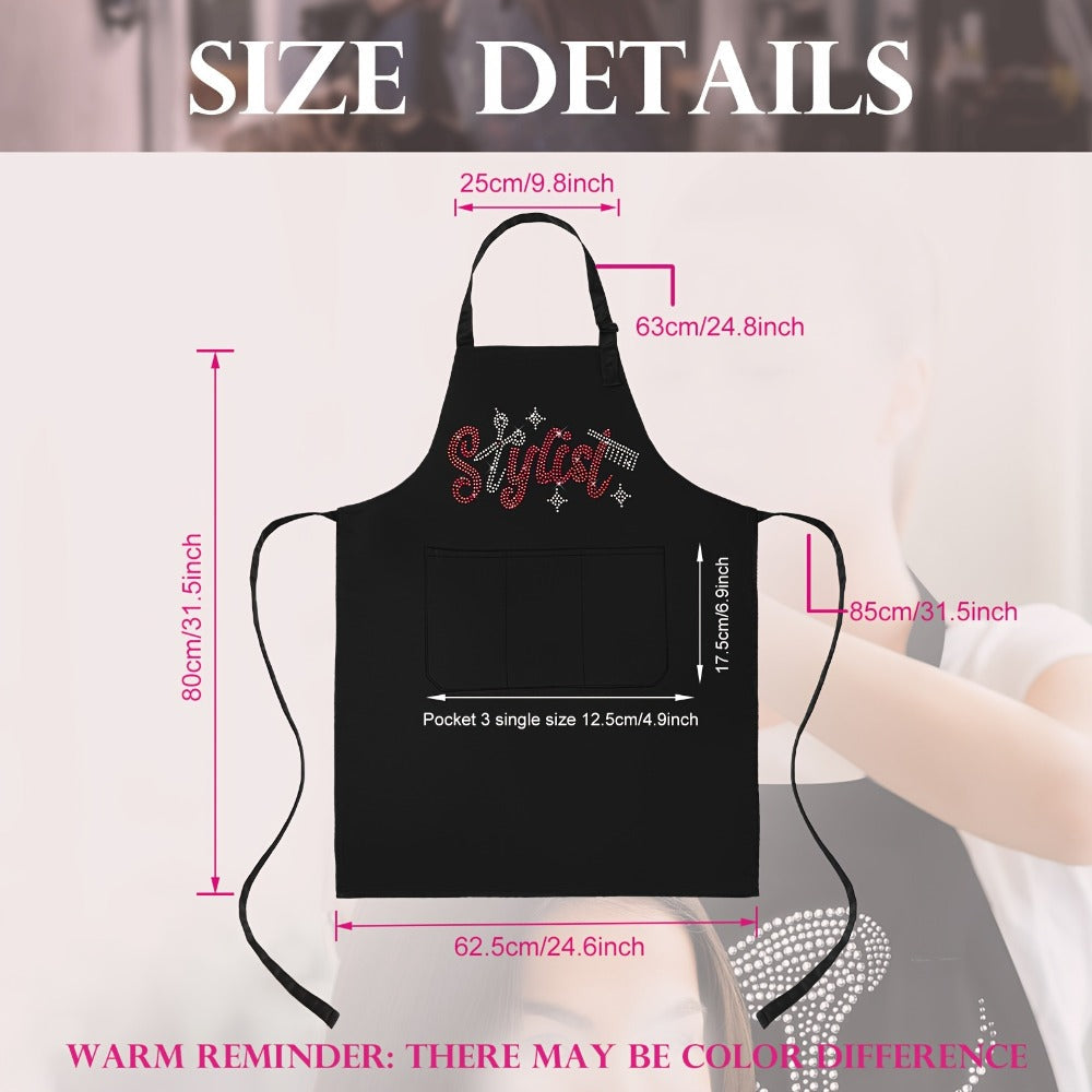 Two-Piece Rhinestone Barber Apron Set with Three Pockets for Hair Stylists, Barbers and Salon Work