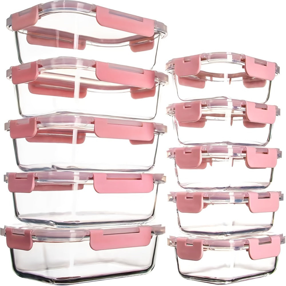 Food Storage Containers Ten-Piece Borosilicate Glass Set with Snap-Lock Lids in Pink, Black or Green