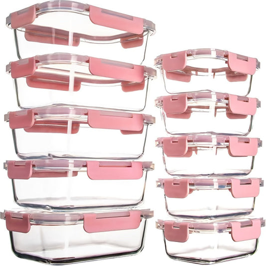 Food Storage Containers Ten-Piece Borosilicate Glass Set with Snap-Lock Lids in Pink, Black or Green