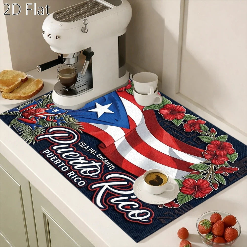 Puerto Rico Flag and Floral Stove Protector Mat, 28.35 x 20.47 Inches with Rectangular Format