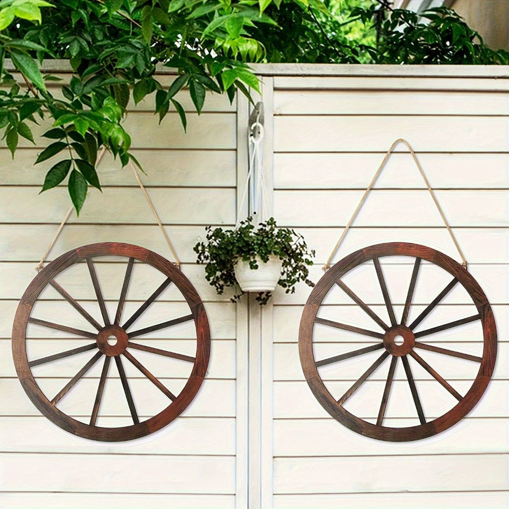 Rustic Carriage Wheel Wall Decor, Two-Piece Artificial Wood Set with Brown Grain-Look Finish and Hanging Loops