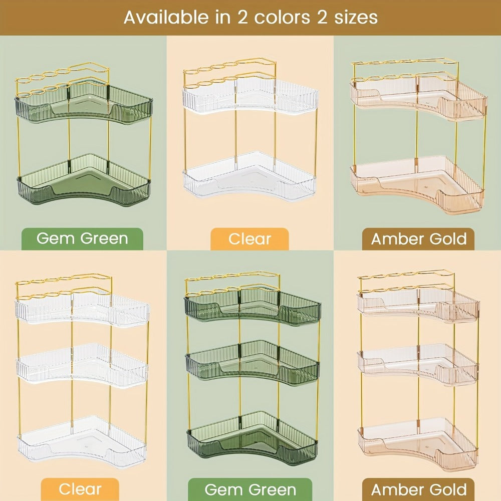 Corner Countertop Bathroom Organizer with 2- or 3-Tier Trays, Brush Rings and Four Color-Style Options