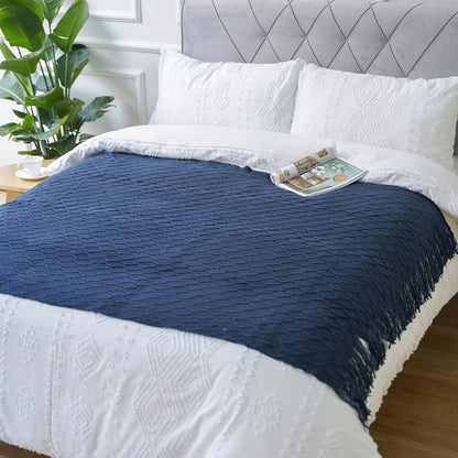 50 x 60-Inch Throw Blanket with Raised Geometric Texture, Tassel Fringe and Six Solid Color Options