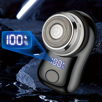 Compact Black Dual-Ring Rotary Electric Razor with Digital Battery Display, USB Cable and Travel-Size Body