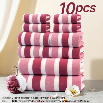 Towel Set 1, 3 or 10 Piece Polyester Striped Options with Bath, Face and Hand Towels for Home and Guest Use