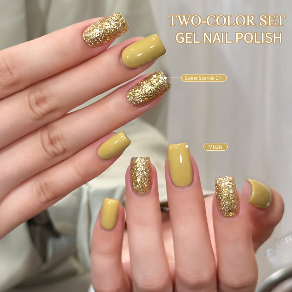 Glitter Gel Nail Polish 2-Color Set Candy Shimmer Soak Off UV LED – Photo Frame Bottle Nail Art Kit 0.51oz Each, Long Lasting Chip Resistant Sparkle for Salon & DIY Home Manicure