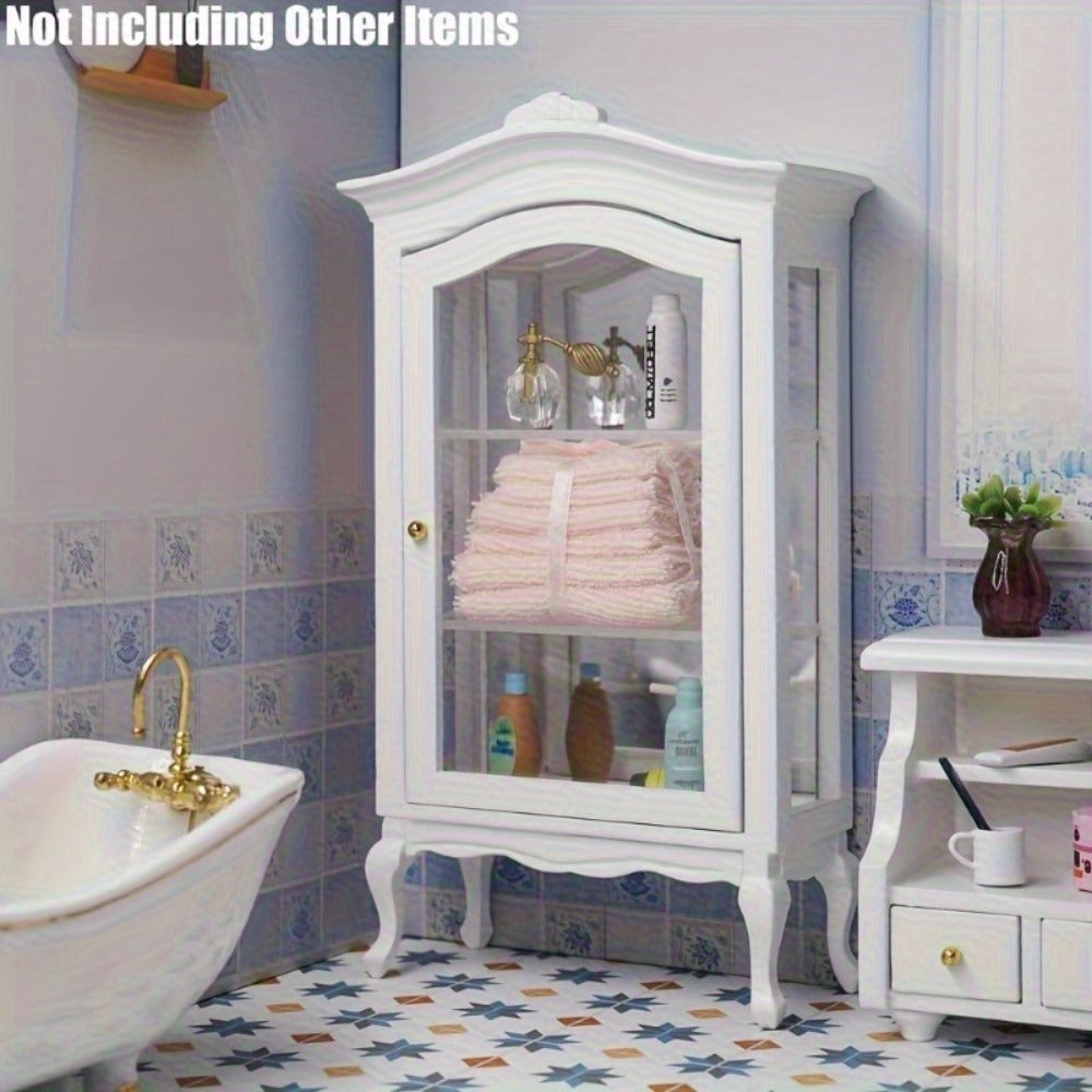 White Miniature Dollhouse Display Cabinet with Mirrored Back, Three Clear Shelves and 16 cm Height