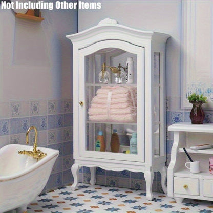 White Miniature Dollhouse Display Cabinet with Mirrored Back, Three Clear Shelves and 16 cm Height