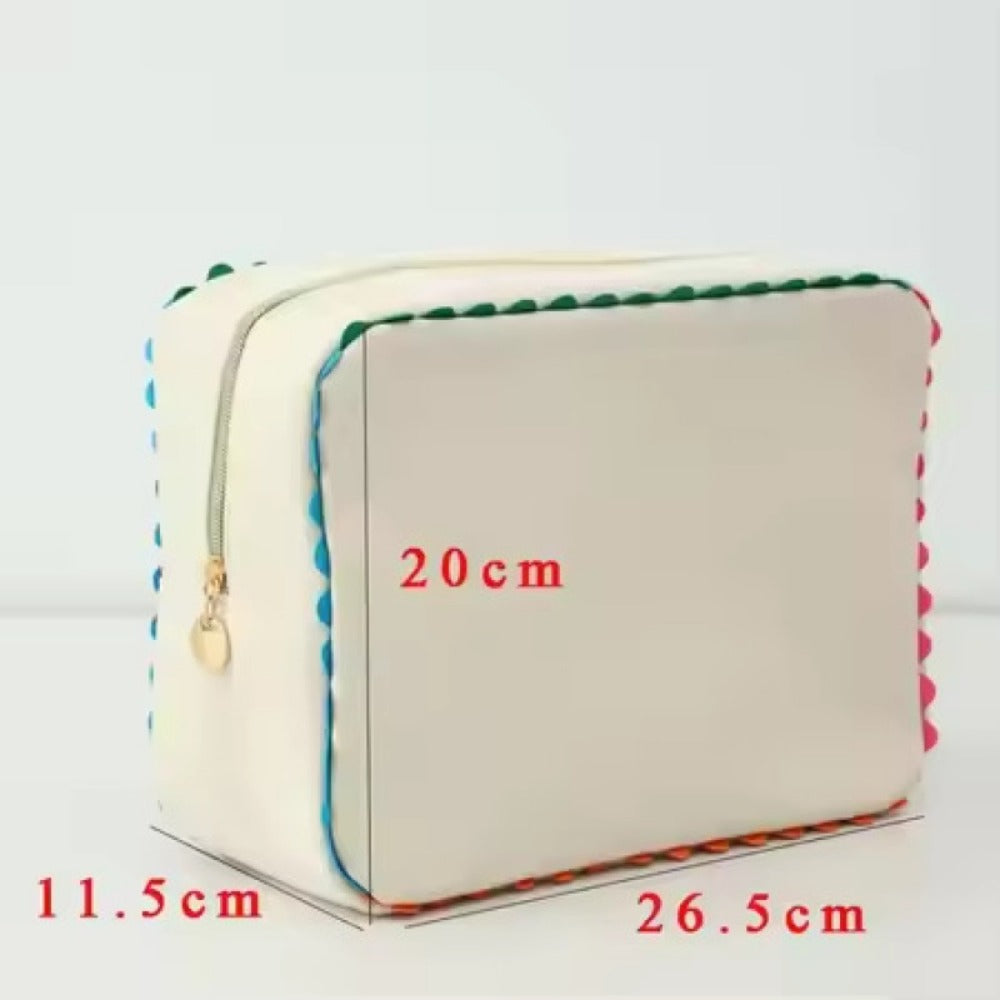 Beige Rectangular Cosmetic Bag with Colorful Edge Trim, Top Zipper and Protected Beige Bag Checkout Label