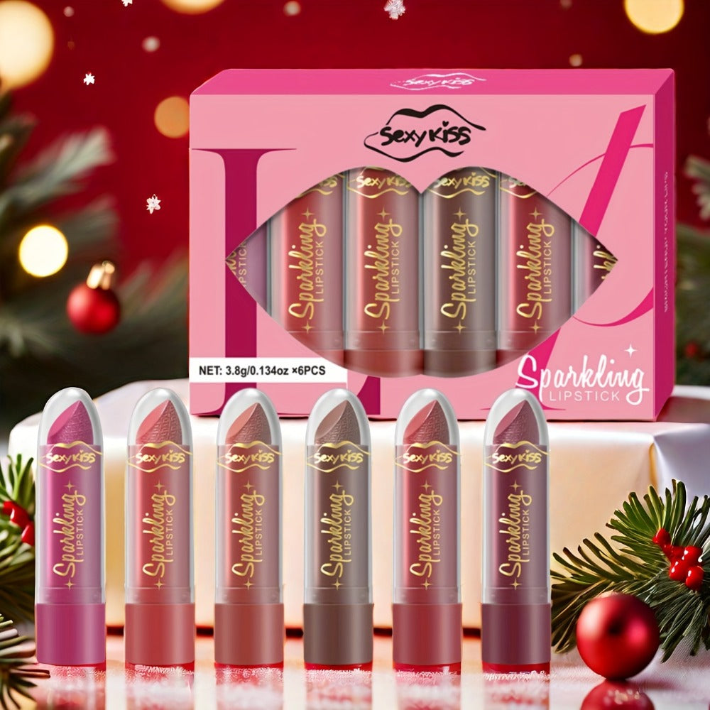 Lipstick Set, Sexy Kiss 6-Piece Sparkling Shimmer Bullet Collection in a Pink Presentation Box