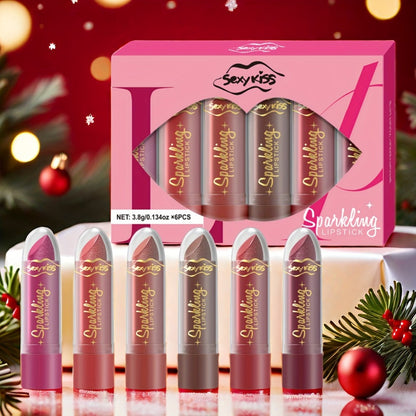 Lipstick Set, Sexy Kiss 6-Piece Sparkling Shimmer Bullet Collection in a Pink Presentation Box
