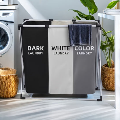 Three-Section Laundry Hamper Sorter with Black, White and Gray Oxford-Fabric Bags and Foldable Frame