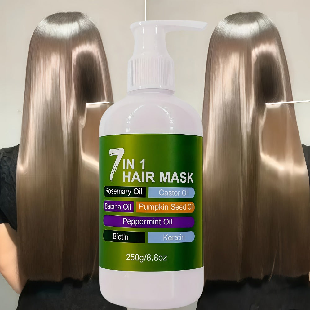 250g 7-in-1 Hair Mask in White Pump Bottle with Rosemary, Batana, Castor and Peppermint Oils