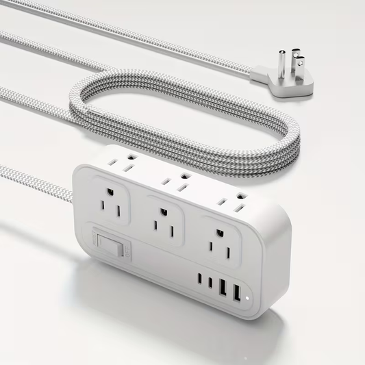 Power Strip Flat Plug with 6 AC Outlets, 2 USB-A, 2 USB-C and 3-Inch, 5-Foot or 10-Foot Cord Options