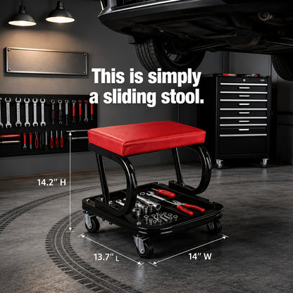 Rolling Mechanic Creeper Stool 300 lb – Foldable Z-Shape 3-in-1 Crawler Seat & Sliding Work Stool with 6 Swivel Casters, Thick Padded Cushion, for Car Truck Motorcycle Repair (Red / Grey)