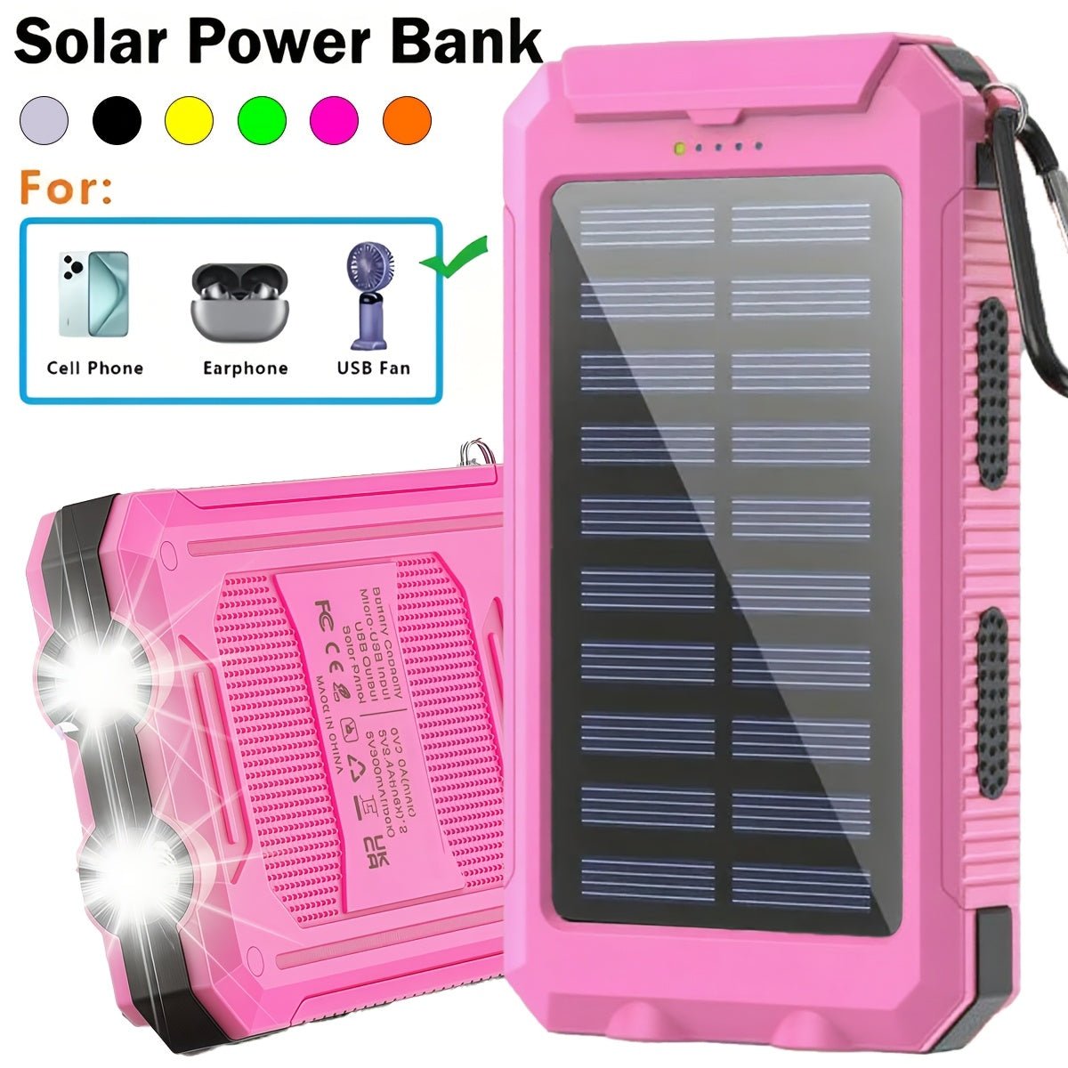 Solar Power Bank, 12800mAh Dual-USB 5V Charger with LED Flashlight and Single-Color or Three-Piece Set Options