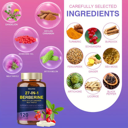 Herbal Supplements with HEALVITAS Label, 27-in-1 Berberine Formula Capsules, 120 or 360 Count