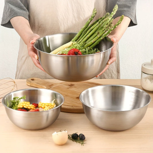 Stainless Steel Mixing Bowl Set 3-Piece with Measuring Marks – Small Medium Large Nesting Bowls for Cooking, Baking & Food Prep, Durable 304 Stainless Steel Salad Bowl Set for Kitchen & Restaurant