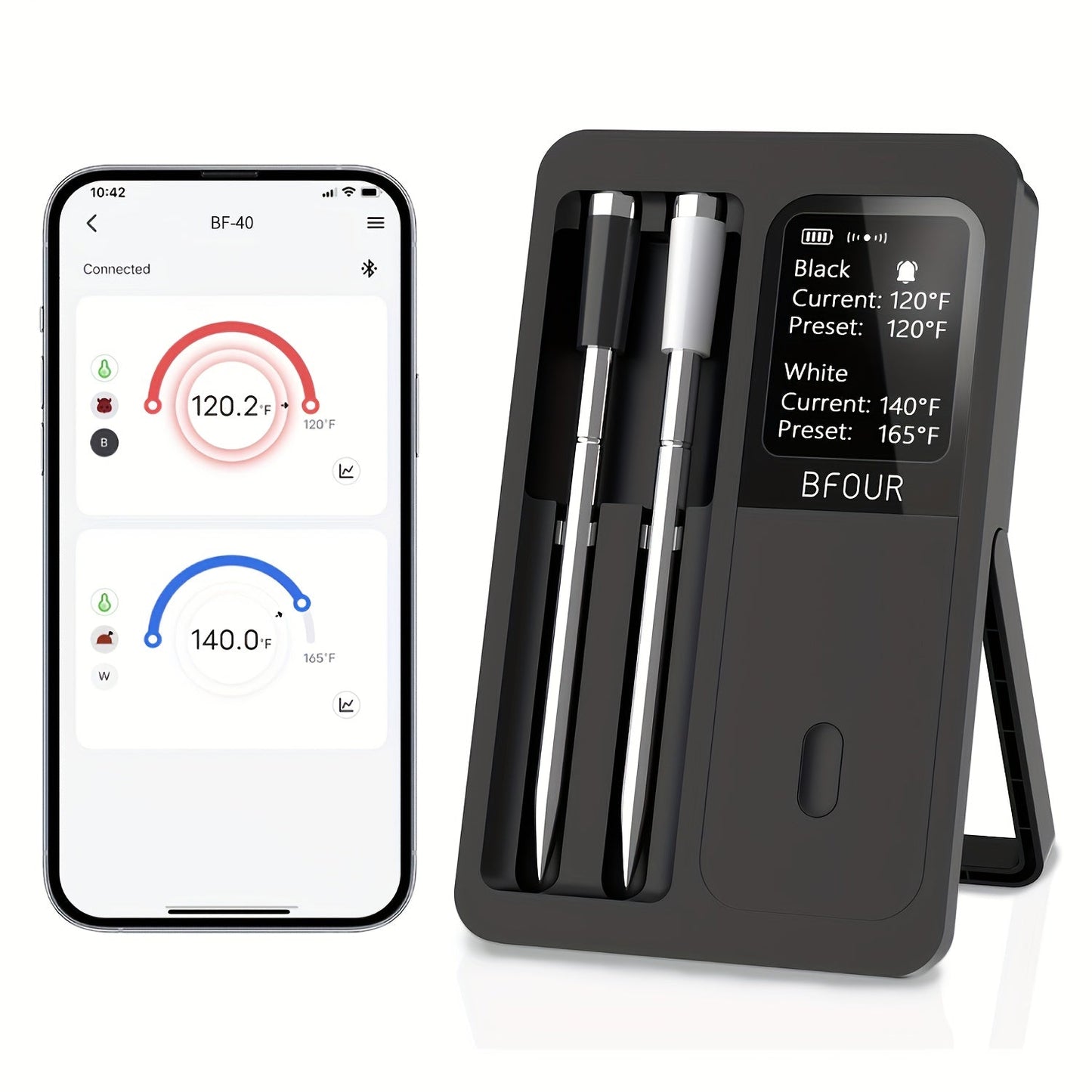 BFOUR BF-40 Wireless Cooking Thermometer with Dual Probes, App Display, Base Screen and USB Charging