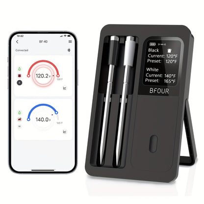 BFOUR BF-40 Wireless Cooking Thermometer with Dual Probes, App Display, Base Screen and USB Charging