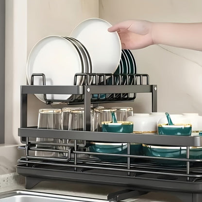 2-Tier Dish Drying Rack with Drainboard & Mat – Metal Dish Rack for Kitchen Counter with Knife Fork Cup Holder