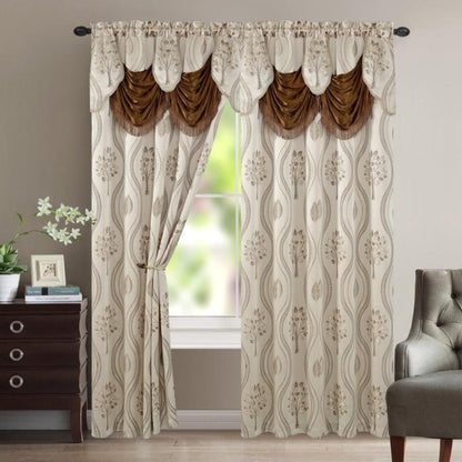 Two-Panel Jacquard Window Curtain Set with Attached Waterfall-Style Valance, 54 x 84-Inch Size and Four Colors