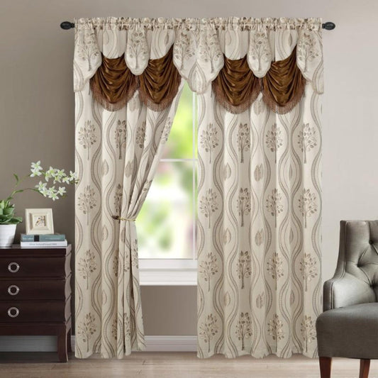 Blackout Curtains 2 Panels 54x84 Inch | Jacquard Room Darkening Rod Pocket Curtain Set with Attached Waterfall Valance | Machine Washable Window Drapes for Living Room Bedroom Home Office Study