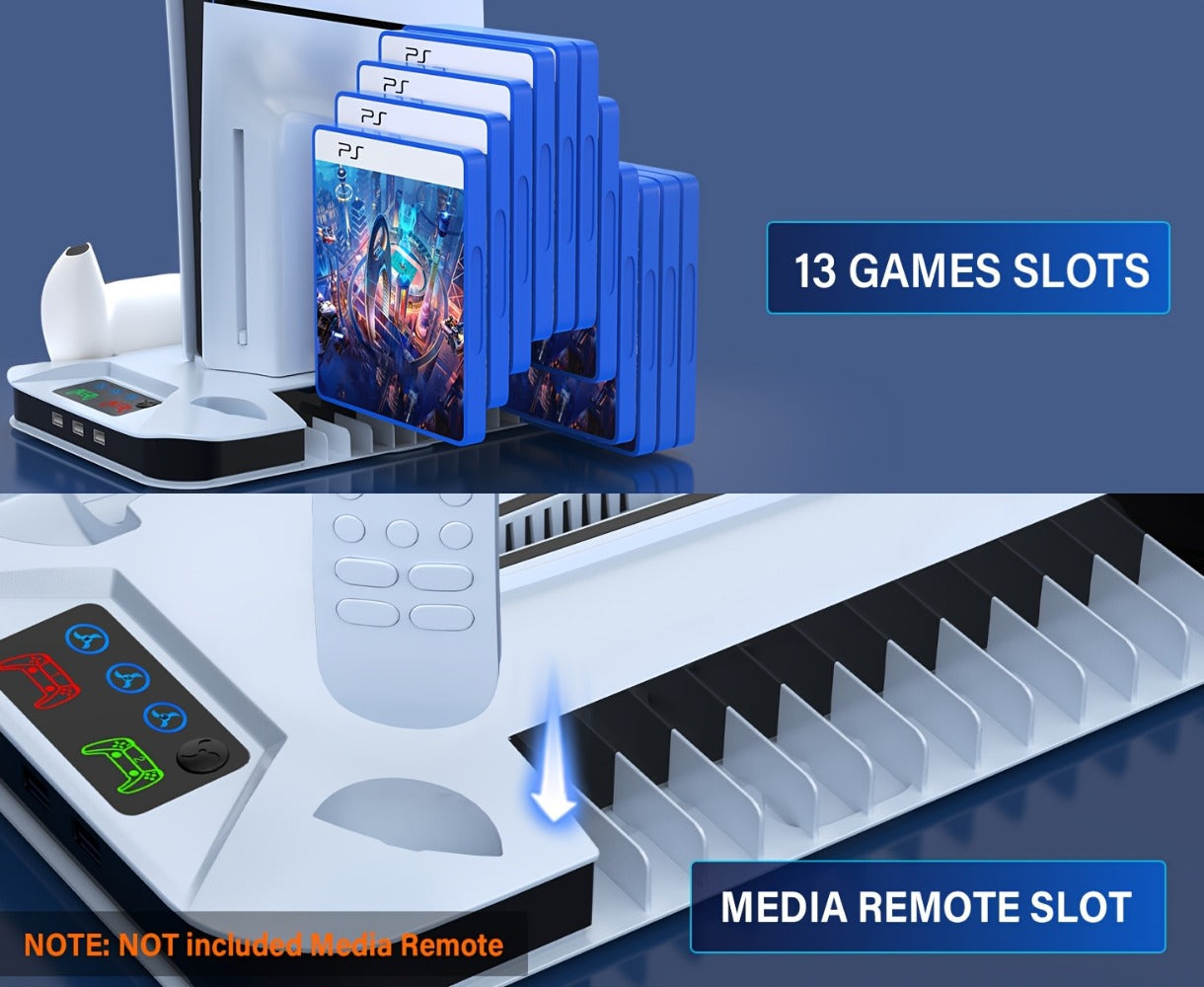 Black Console Cooling Stand Compatible with PS5, Slim and Pro Models, Three Fan Speeds and Dual Controller Dock