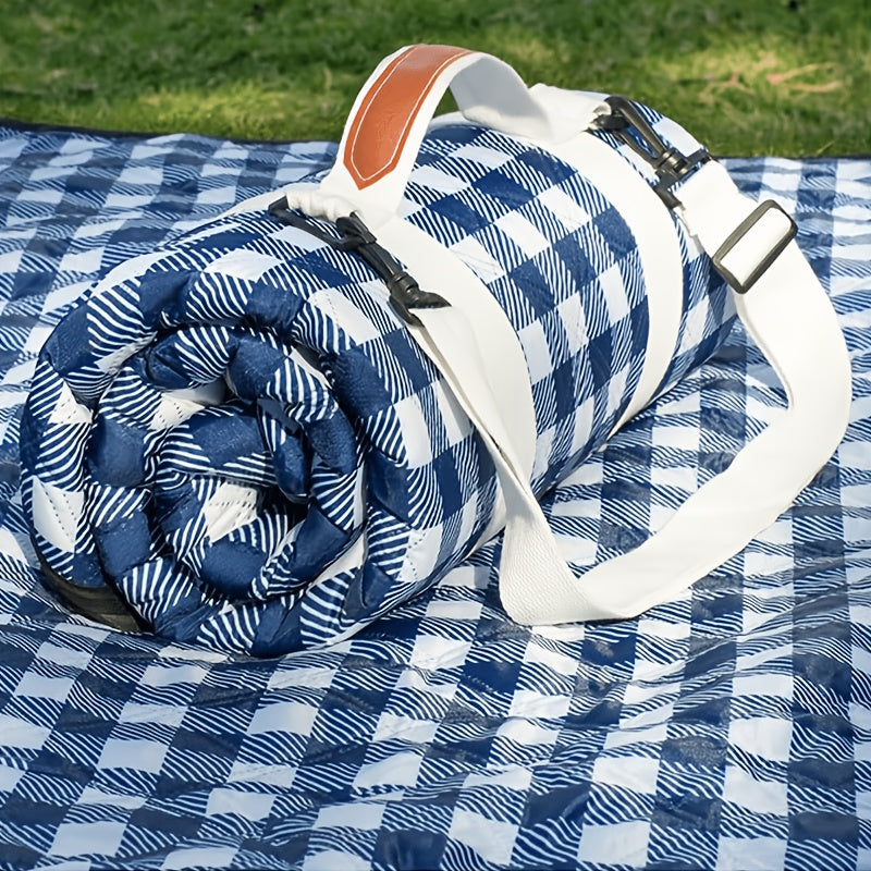 Green Plaid Roll-Up Picnic Blanket with Padded Layers and Carry Straps, 80 x 80in Outdoor Mat