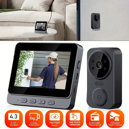 Wireless Video Doorbell Camera No WiFi No App Required 4.3-inch IPS Monitor 960P Night Vision Two-Way Audio Long Battery Life SD Card Storage No Subscription Wall-Mounted Home Security