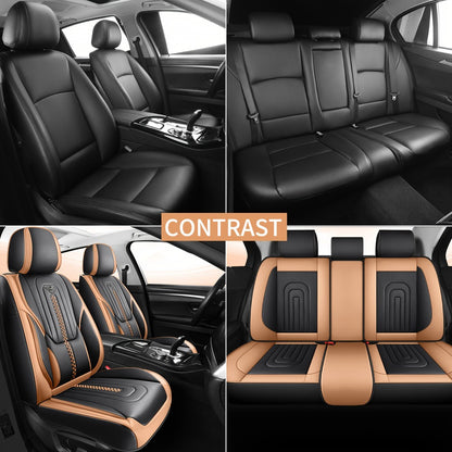 PU Leather Car Seat Cover Full Enclosure with Lumbar Support & Sponge Cushion – Two-Tone Sporty Design Universal Fit for Car Sedan Truck SUV (White-Black / Gray / Red-Black / Orange-Black)