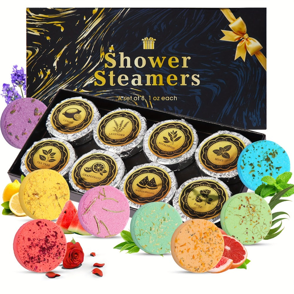 Shower Steamers 8 Pack with Essential Oils - Aromatherapy Shower Tablets 30g, 8 Scents Lavender Eucalyptus Rose Peppermint, Stress Relief Self Care Spa Gift for Women & Men