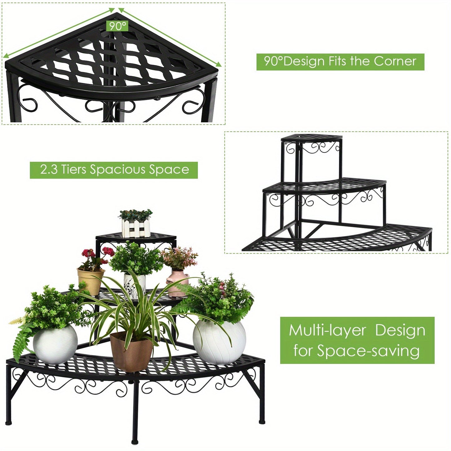Plant Stand 3 Tier Metal Corner Ladder Shelf – Fan-Shaped Flower Rack with Non-Slip Feet for Indoor & Outdoor Patio, Balcony, Living Room Garden Display