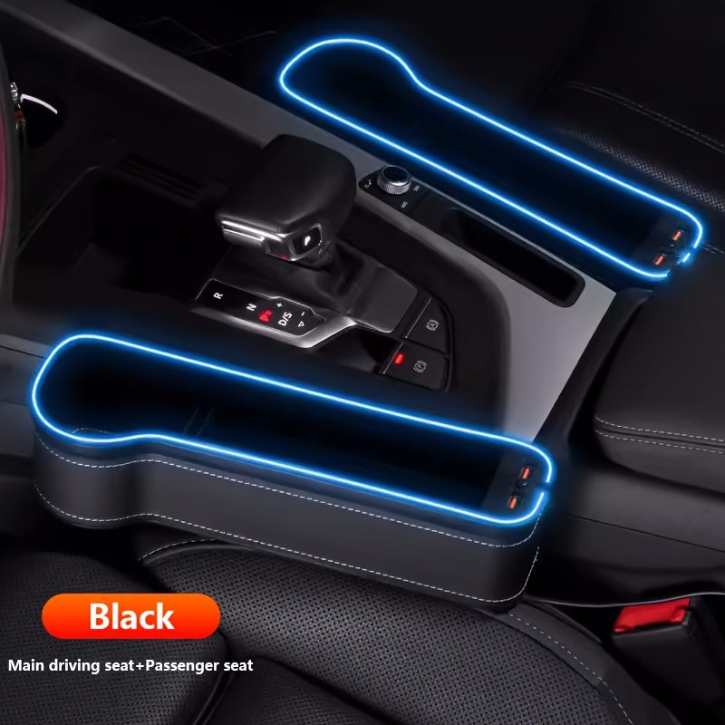 Car Seat Gap Storage Box with Phone Holder & Charger – Sundries Organizer with Ambient Atmosphere Light, Driver & Co-Pilot, 1pc or 2pc Set