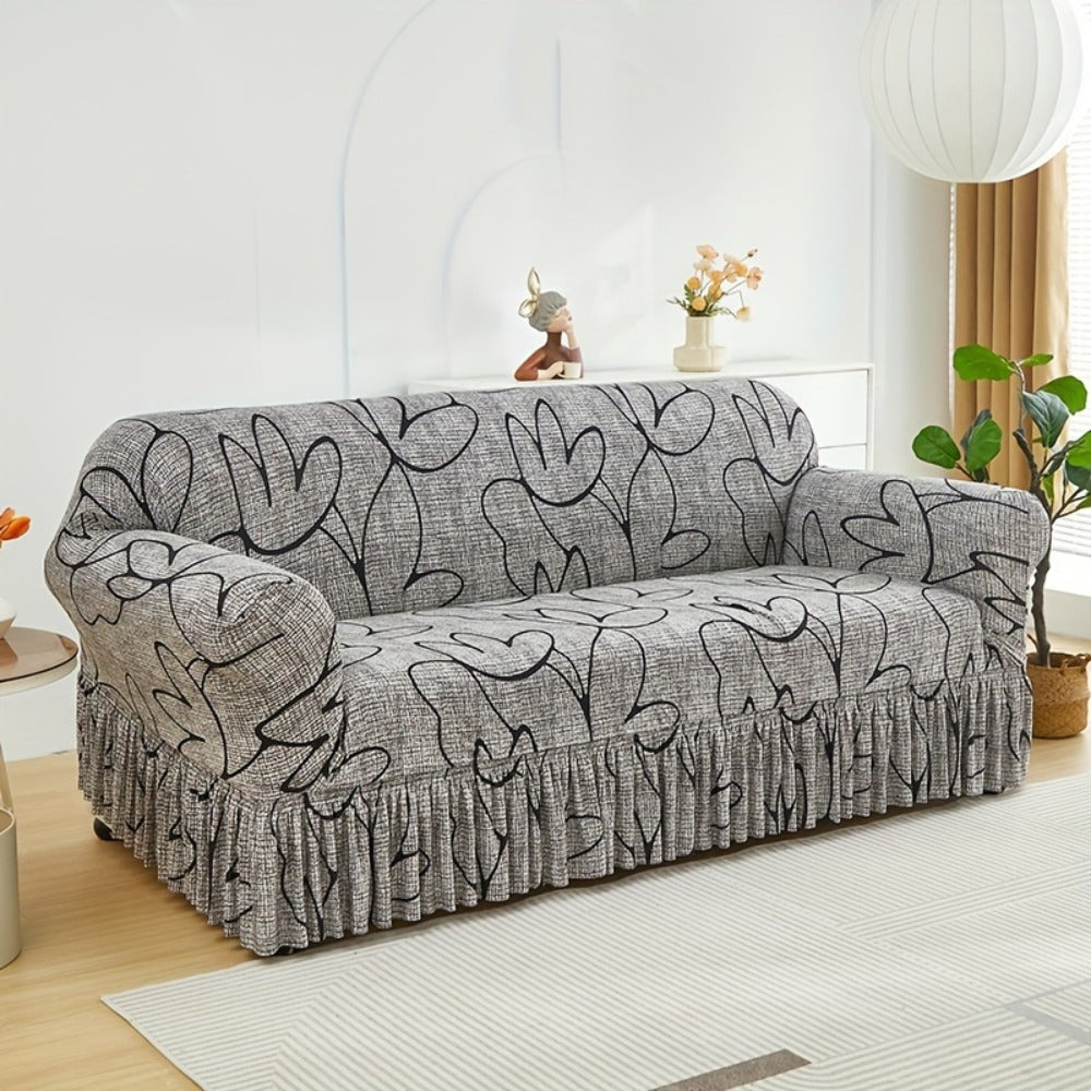Sofa Cover Gray Printed Skirt Slipcover with Elastic Stretch Fit for 1, 2, 3 or 4-Seater Sofas