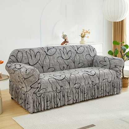 Sofa Cover Gray Printed Skirt Slipcover with Elastic Stretch Fit for 1, 2, 3 or 4-Seater Sofas