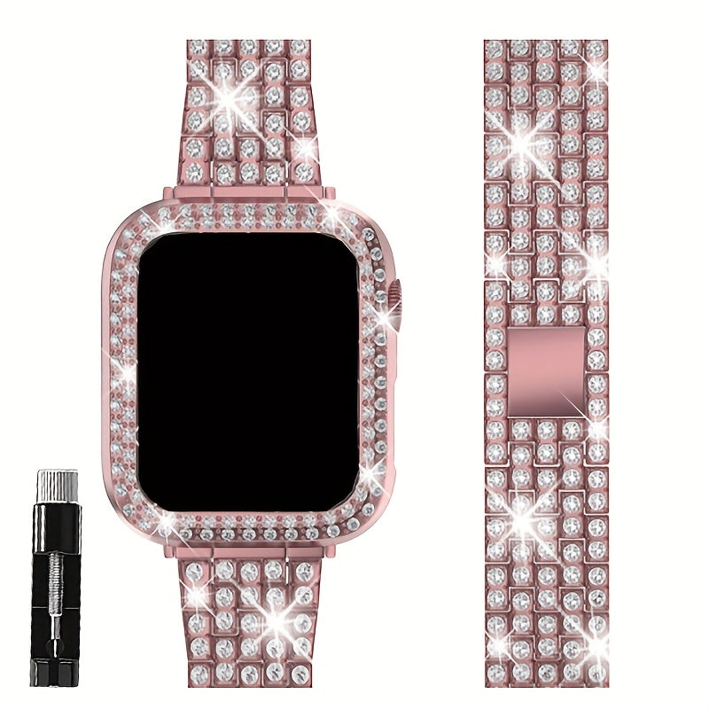 Rhinestone Diamond Bling Apple Watch Band for Women Girls – Five-Point Diamond Double-Row Crystal Strap Compatible with Apple Watch Ultra 2 Series 10 9 8 7 6 5 4 3 2 1 SE 38 40 41 42 44 45 49mm Gift