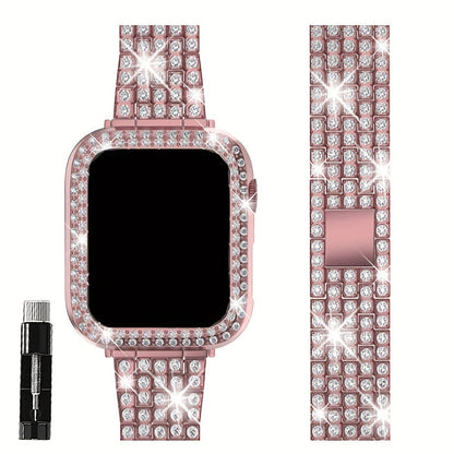 Rhinestone Diamond Bling Apple Watch Band for Women Girls – Five-Point Diamond Double-Row Crystal Strap Compatible with Apple Watch Ultra 2 Series 10 9 8 7 6 5 4 3 2 1 SE 38 40 41 42 44 45 49mm Gift