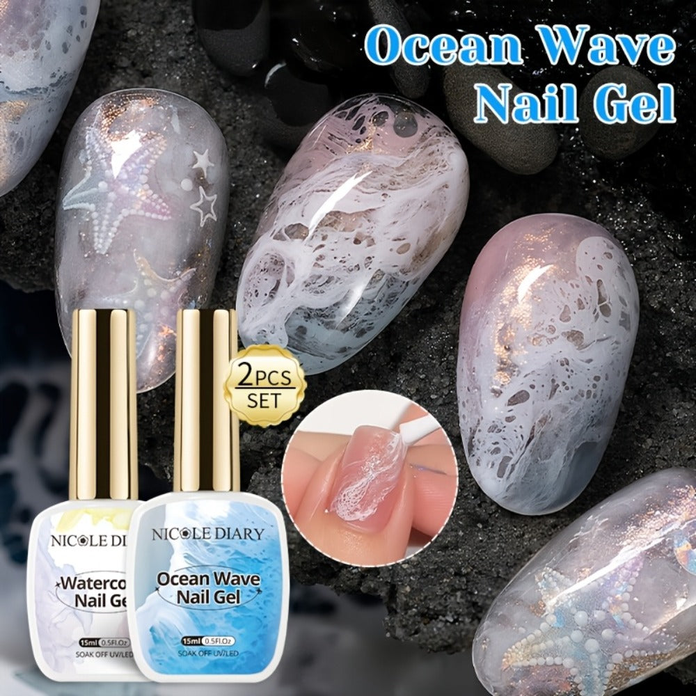 Gel Nail Polish NICOLE DIARY 2-Piece Watercolor and Ocean-Wave Set with Two 15ml Bottles for DIY Art