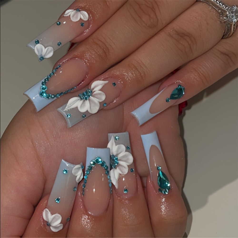 Long Ballerina Press On Nails 96 Pieces 4 Packs + 4 Bracelets Gift Set – Blue Gradient 3D Flower Butterfly Rhinestone Glossy Full Cover False Nails & Beaded Bangles for Women Girls | Prom Wedding Party