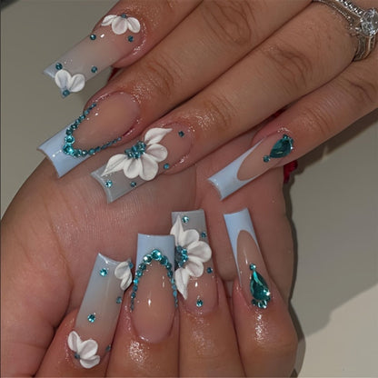 Long Ballerina Press On Nails 96 Pieces 4 Packs + 4 Bracelets Gift Set – Blue Gradient 3D Flower Butterfly Rhinestone Glossy Full Cover False Nails & Beaded Bangles for Women Girls | Prom Wedding Party