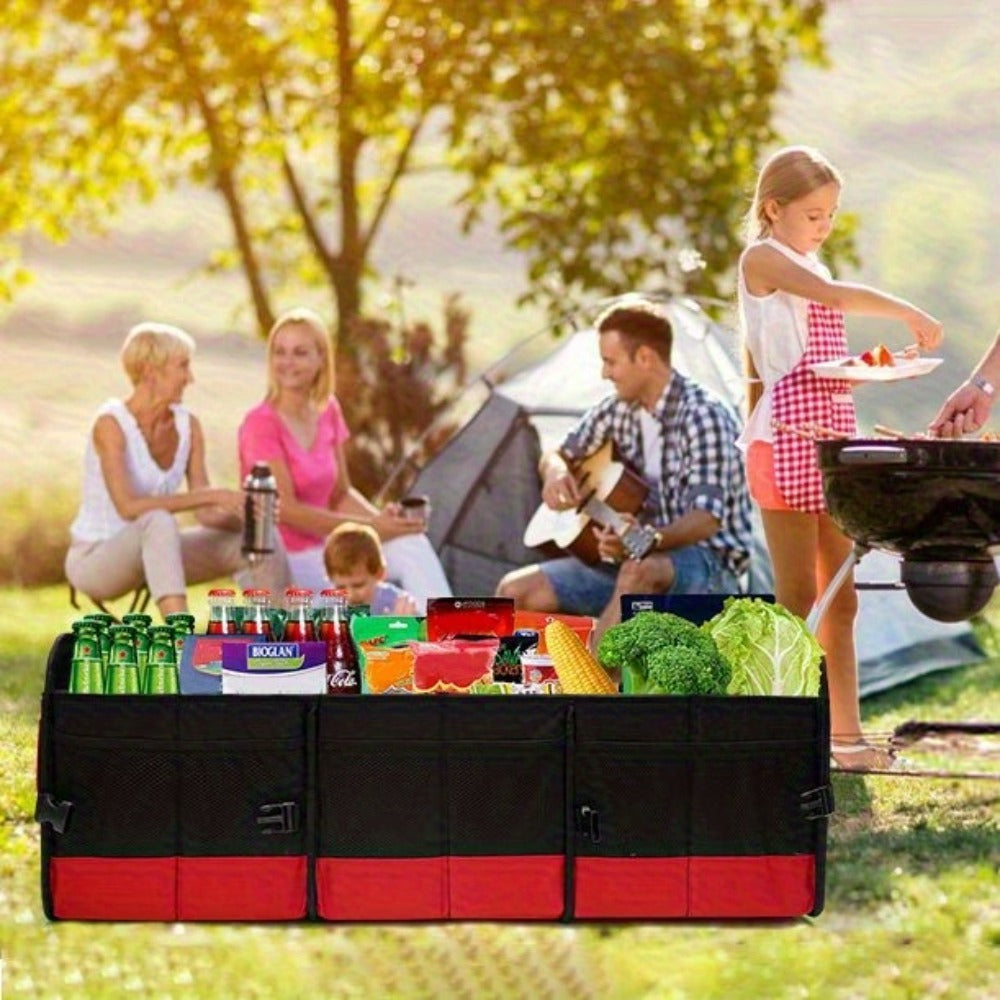 Car Trunk Organizer, 95L Foldable 4-Compartment Bin with Two Retractable Straps and Divider Set
