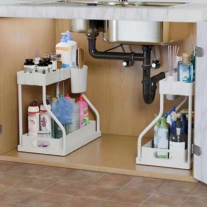 Under Sink Storage Organizer 2-Piece Sliding Shelf Set in Black or White for Kitchen and Bathroom